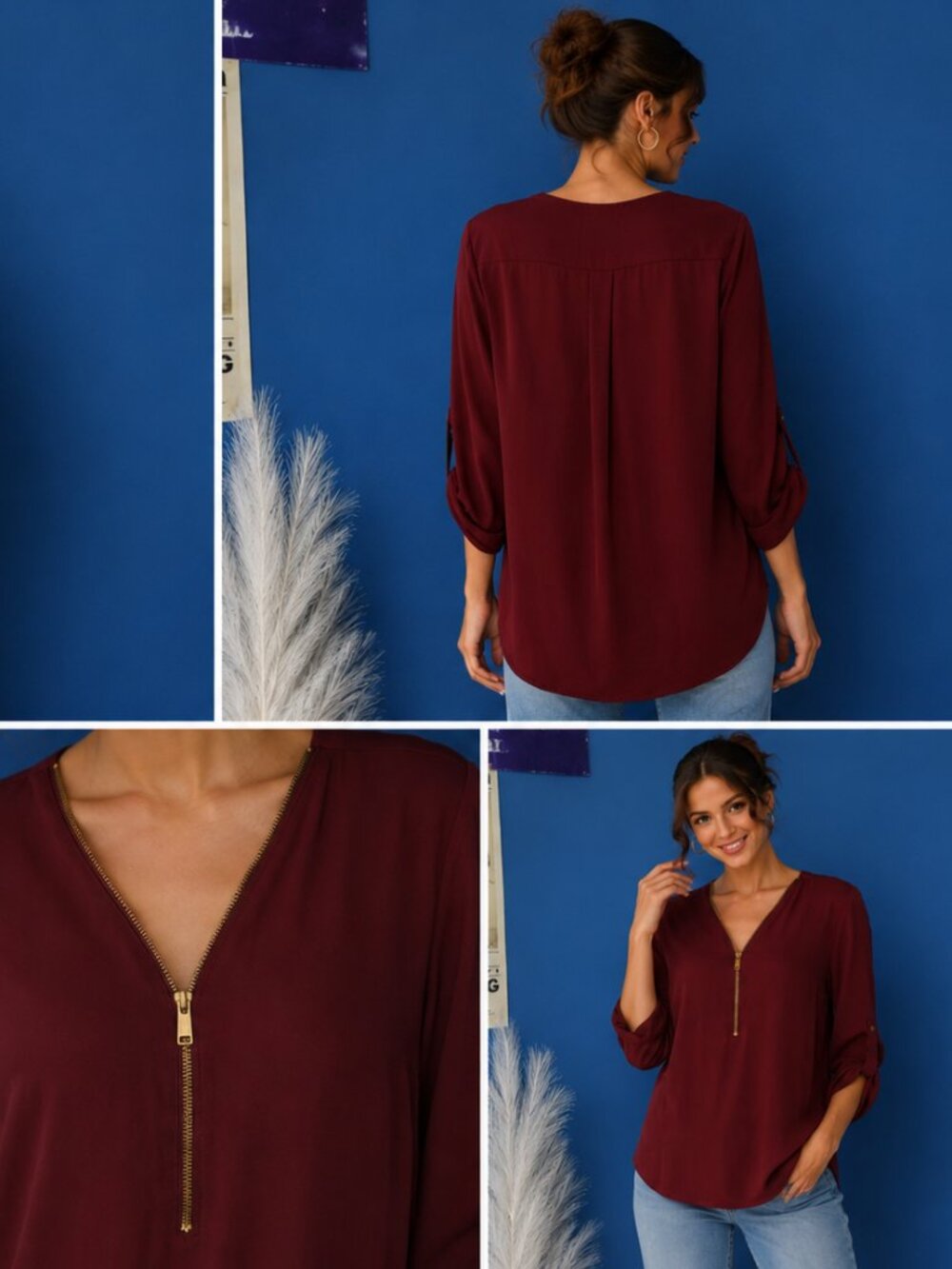 Rue21 Burgundy Zip Front Blouse Women's Medium Roll Tab Sleeve Career Top - Picture 2 of 7